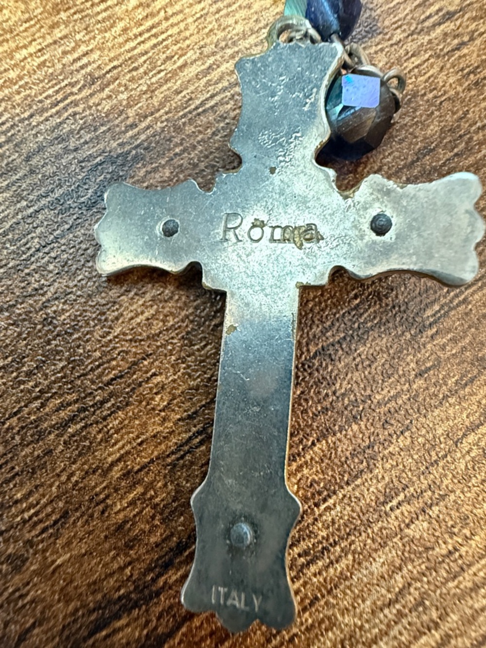 A vintage blue glass bead rosary with a silver-toned metal crucifix and medal. - Picture 10 of 10